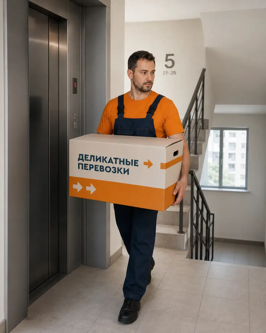 Грузчик Деликатные перевозки с коробкой у лифта