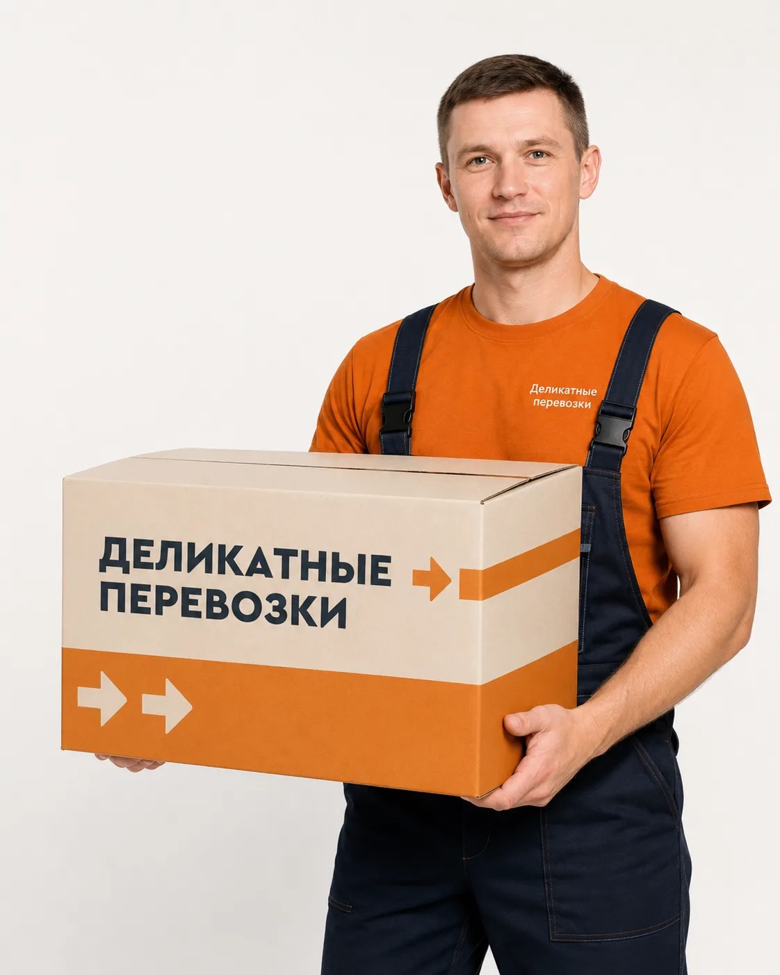 Грузчик держит фирменную коробку Деликатные перевозки